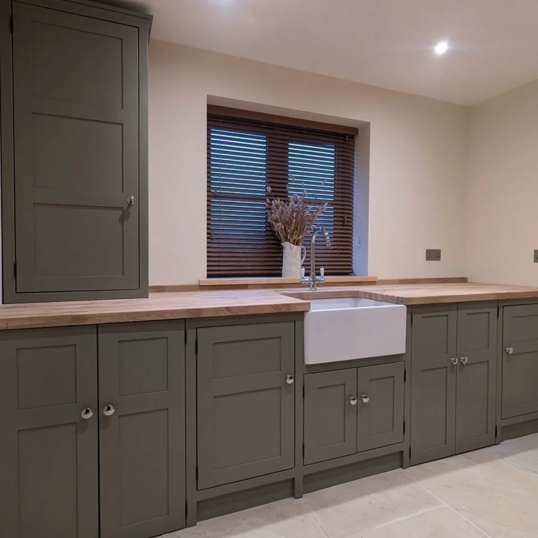 9. Earthy Olive Green Farmhouse Style (Kitchen Cabinet Ideas)