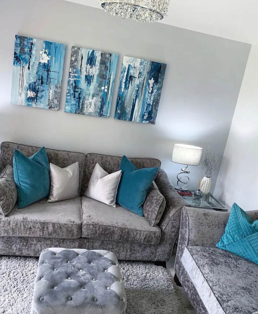 1. Abstract Elegance with Teal Accents (Teal and Grey Living Room Ideas)