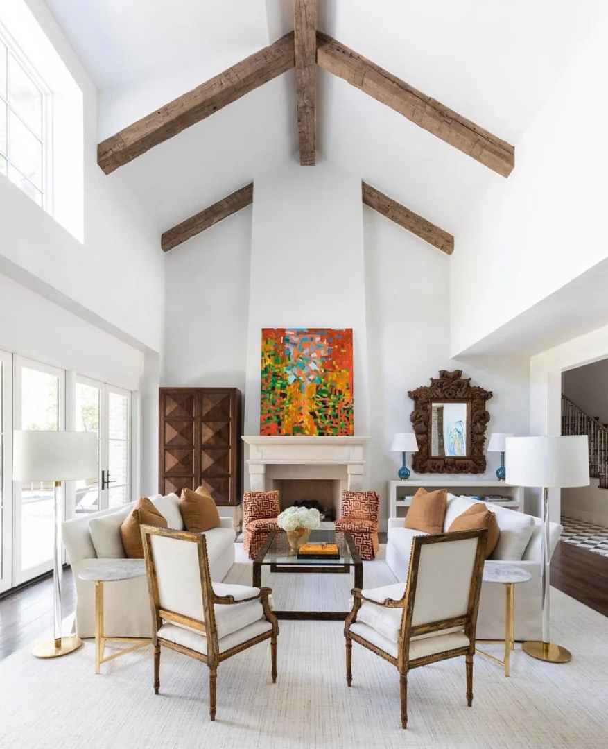 1. Classic Contrast with Vaulted Elegance (Elegant Living Room Ideas)