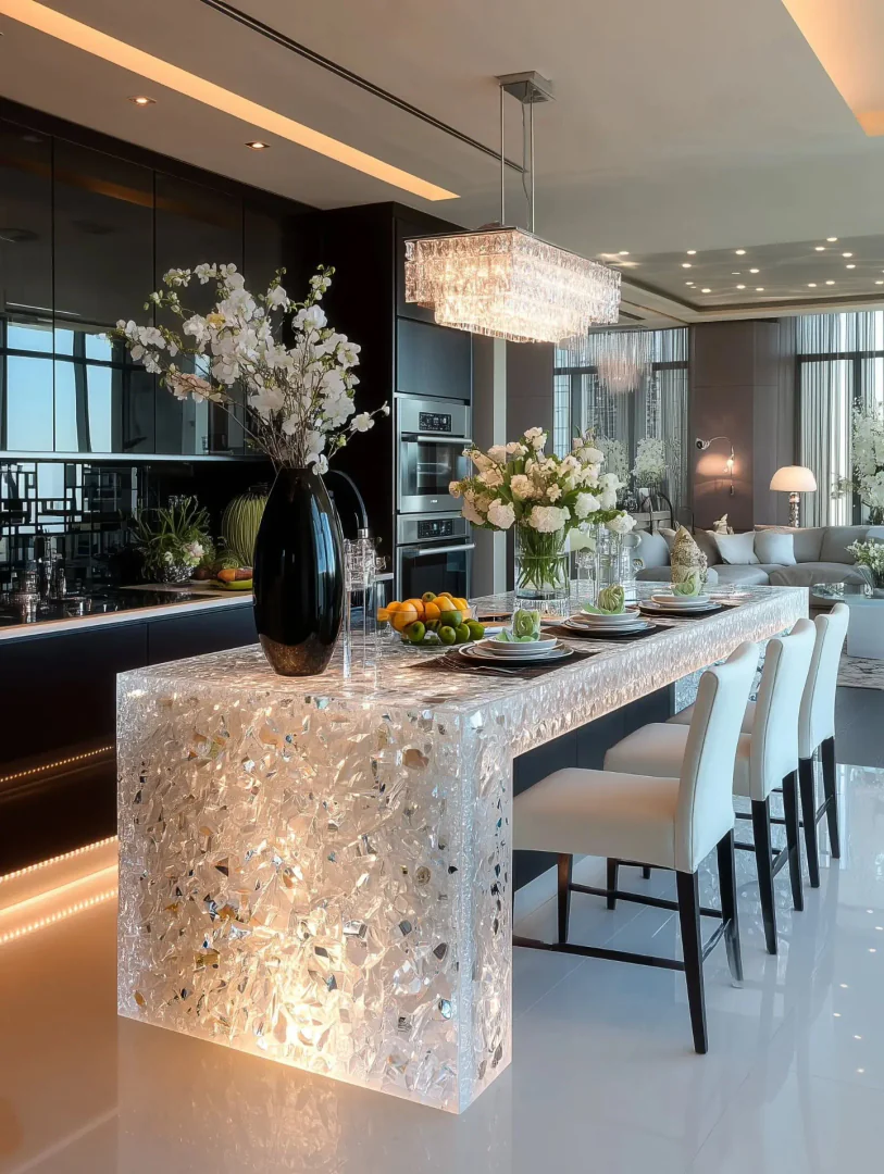 1. Crystal Glow Centerpiece with Monochrome Elegance (Kitchen Centerpiece Ideas)