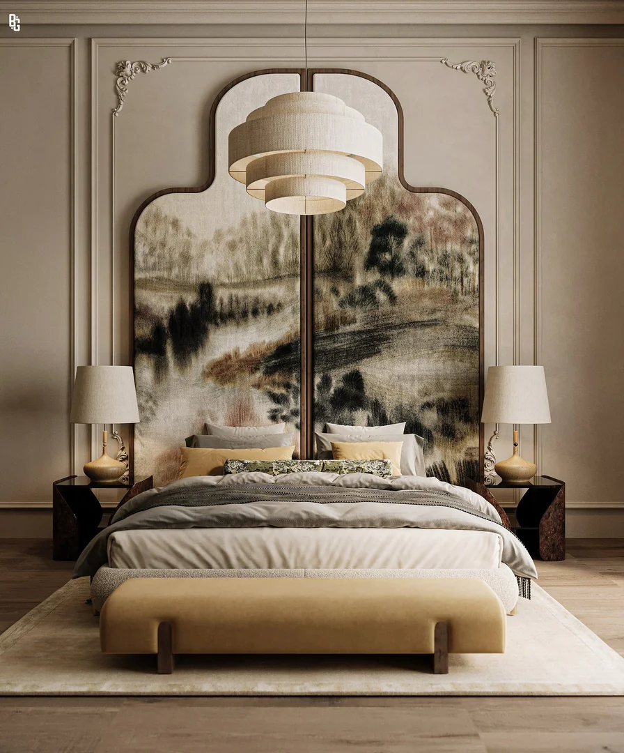 1. Golden Landscape Elegance (Royal Bedroom Ideas)
