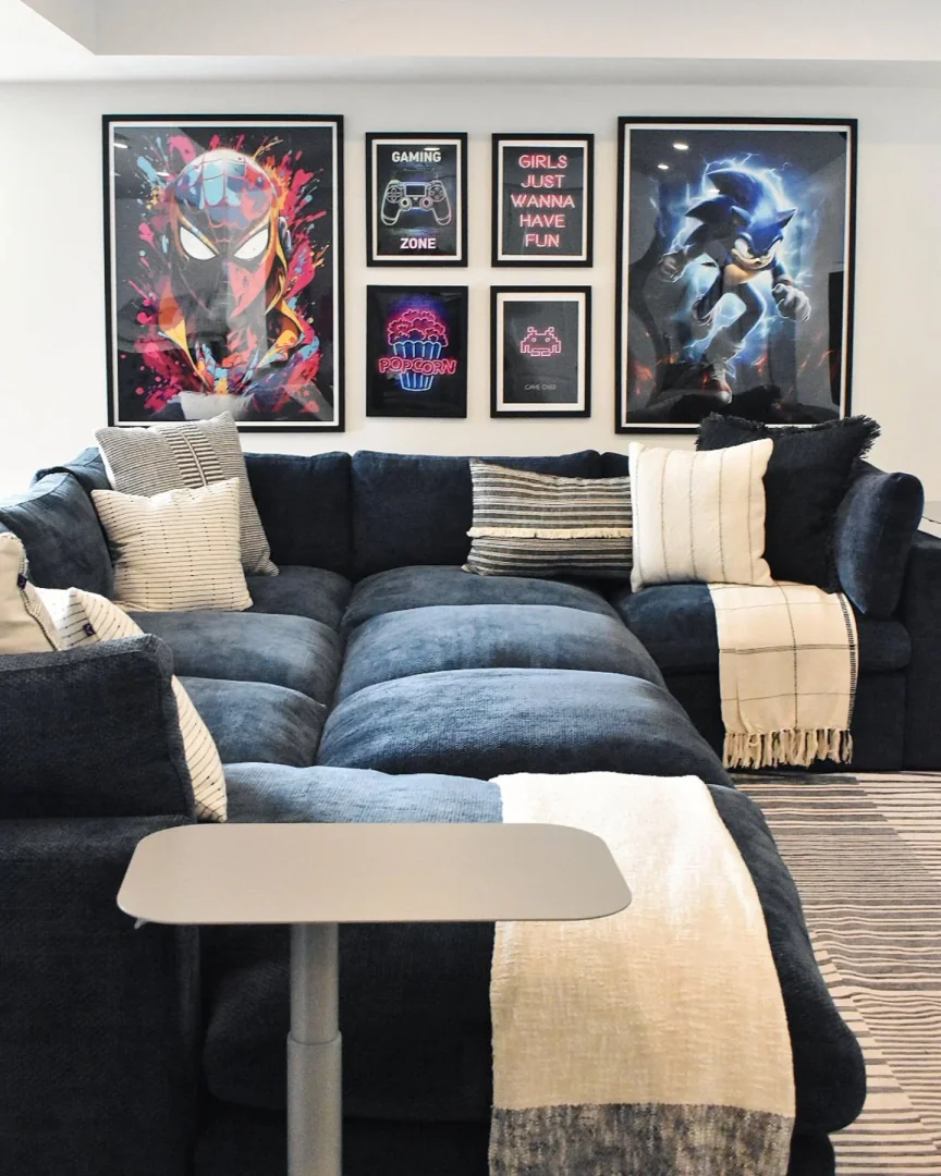 1. Modern Gaming Retreat in Dark Blues (Basement Living Room Ideas)