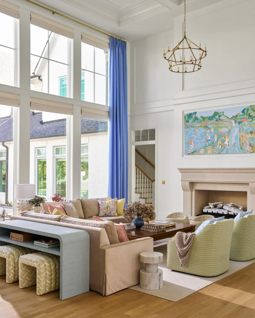 10. Playful Elegance with Bold Accents (Open Concept Living Room Ideas)