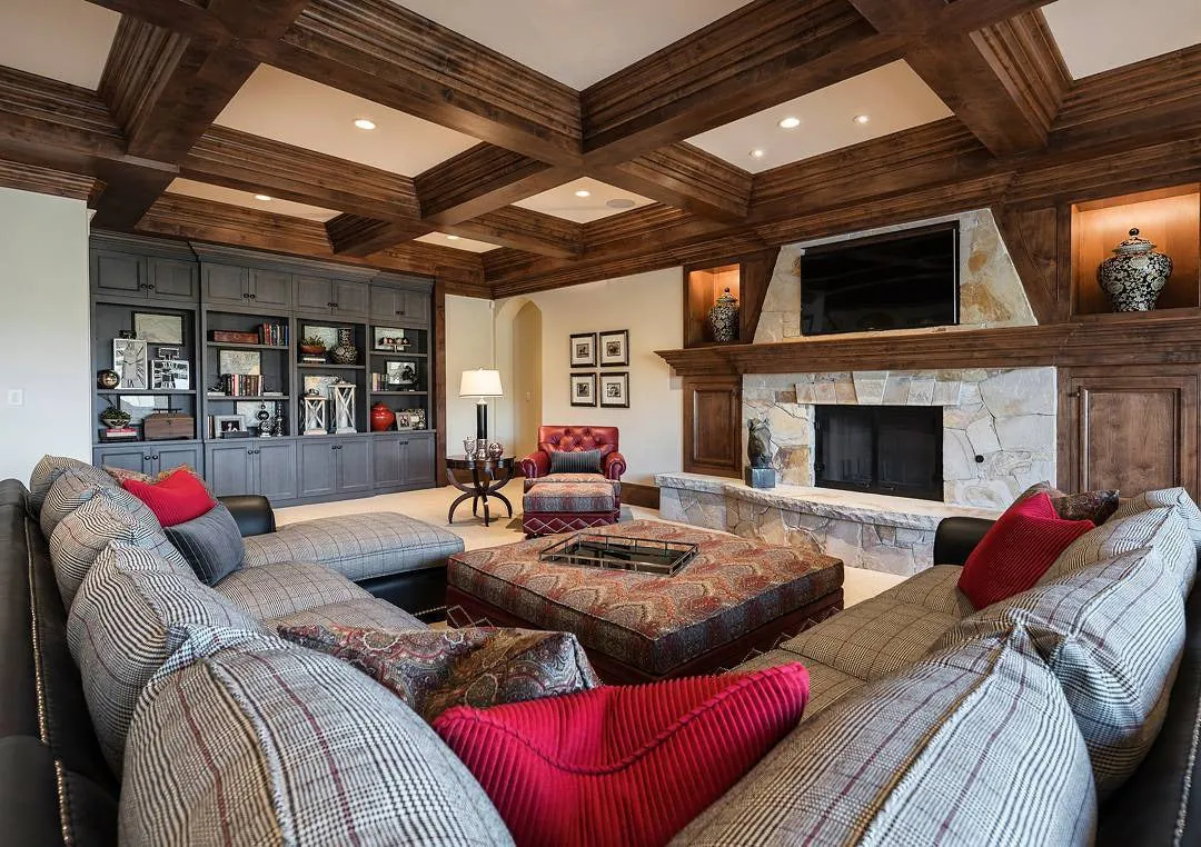 10. Rustic Elegance with Bold Woodwork (Basement Living Room Ideas)