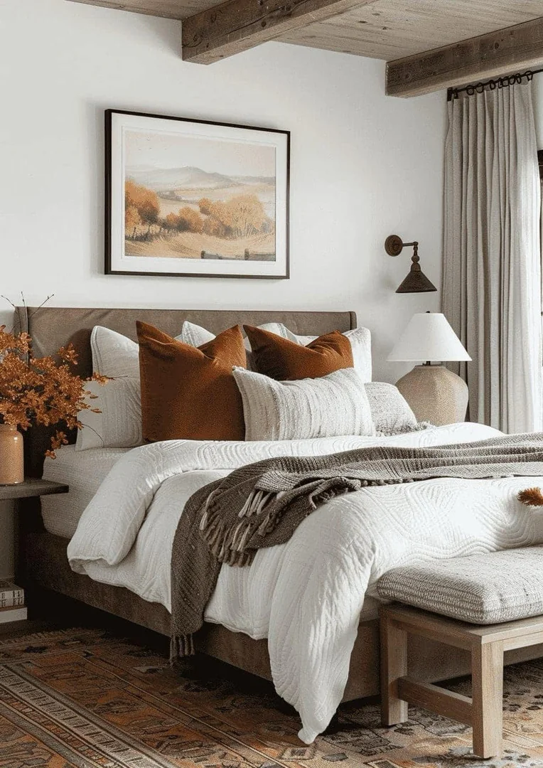 10. Textured Autumn Layers in a Refined Neutral Setting (Fall Bedroom Ideas)