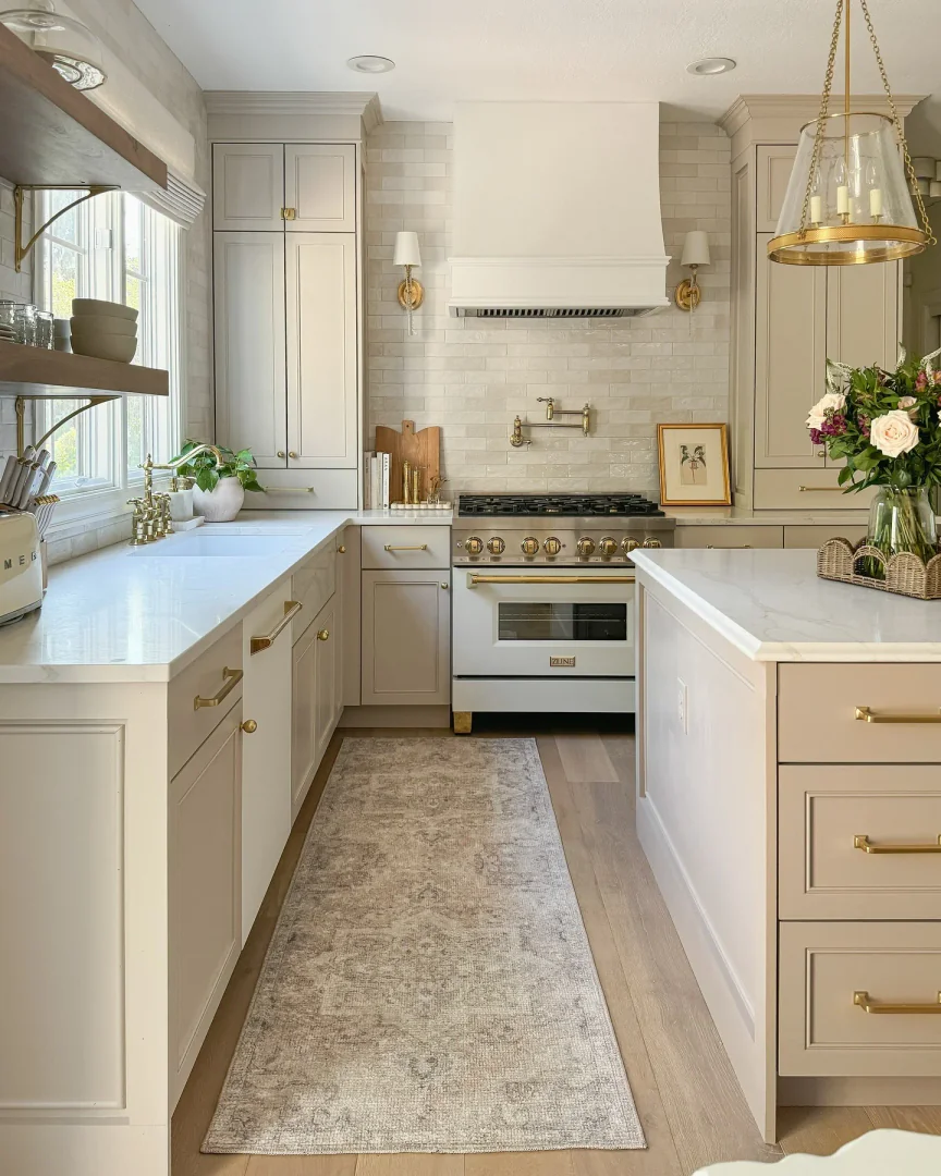 11. Elegant Neutrals with Brass Accents (Kitchen Rug Ideas)