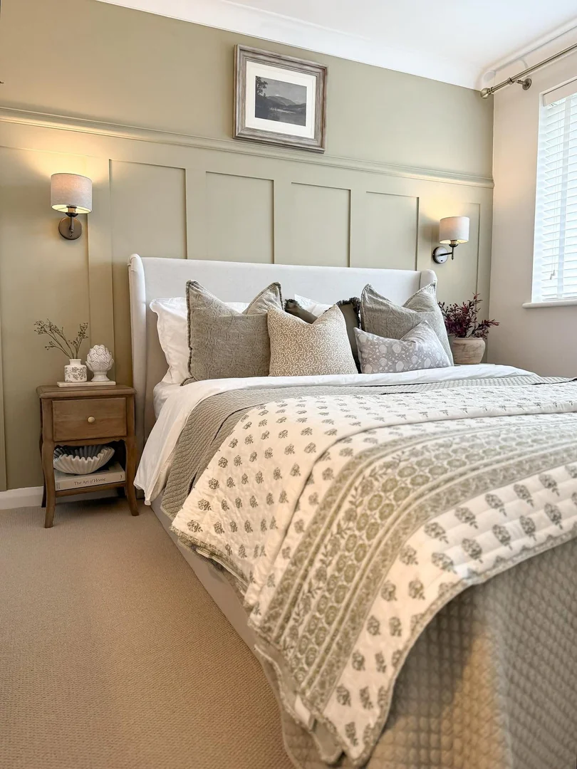 11. Olive Elegance with Soft Neutrals (French Country Bedroom Ideas)
