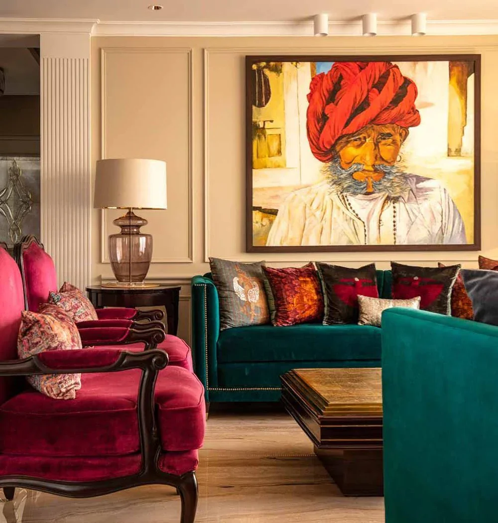 11. Rich Indian Heritage with Jewel-Toned Seating (Indian Style Living Room Ideas)