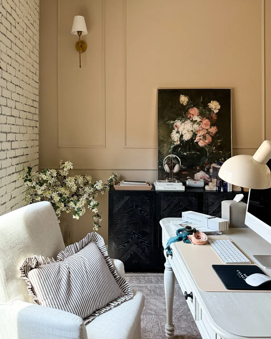 11. Soft Clay and Florals Workspace (Home Office Ideas for Her)