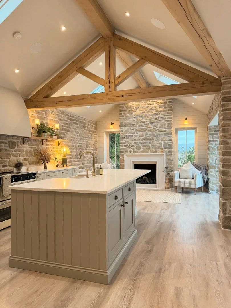 11. Stone and Timber Harmony with Neutral Island (Barndo Kitchen Ideas)