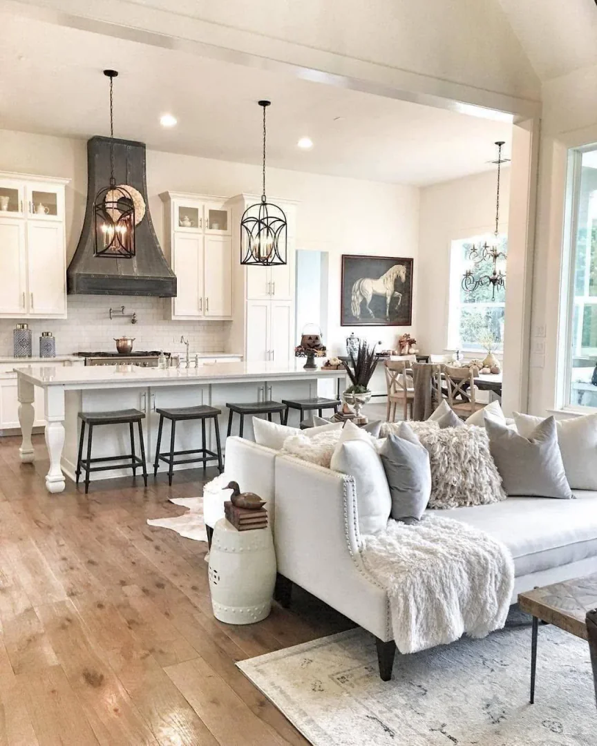 12. Classic White with a Rustic Twist (Open Kitchen Living Room Ideas)