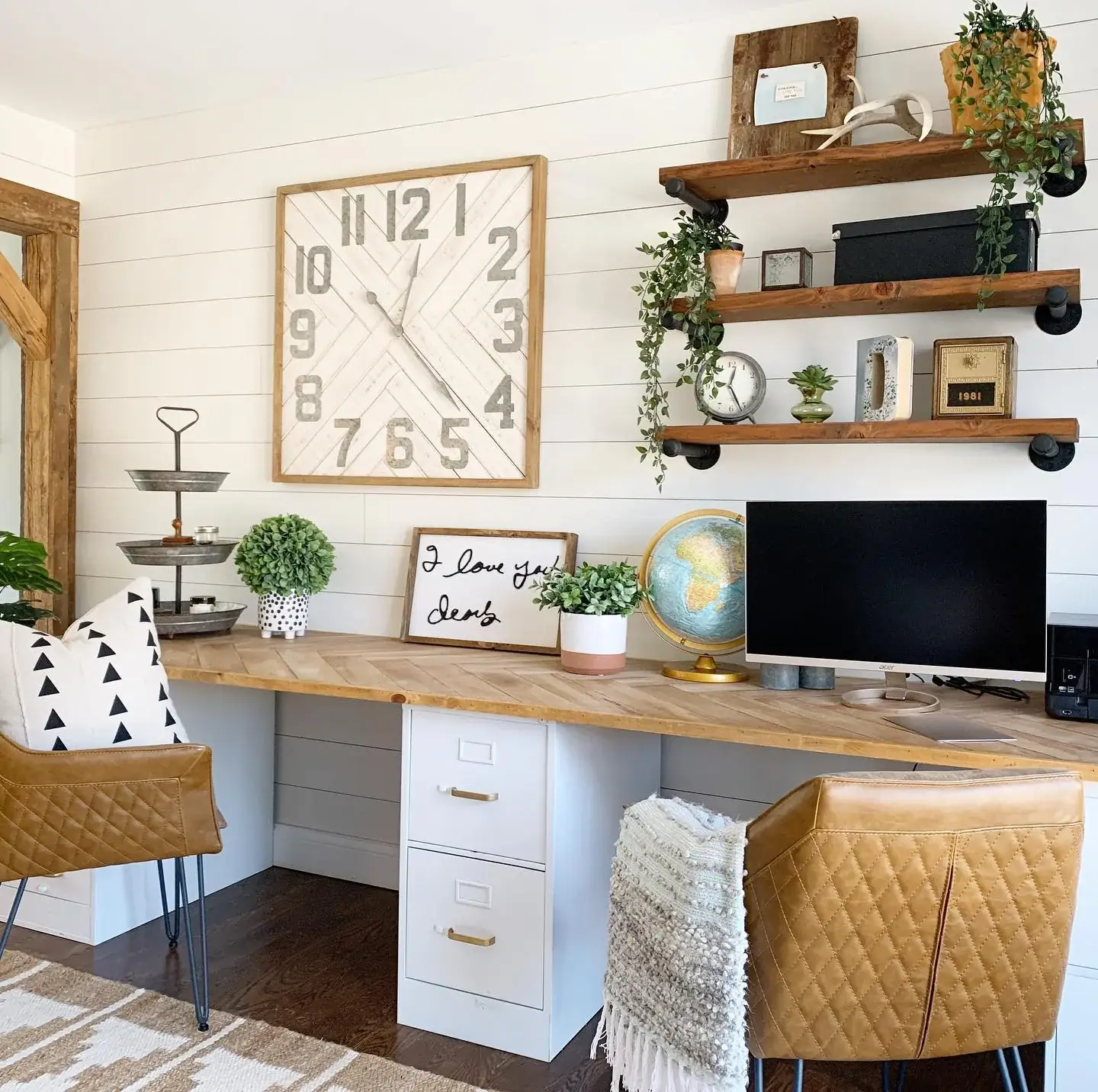 12. Cozy Shiplap Office with Warm Accents (Farmhouse Office Ideas)