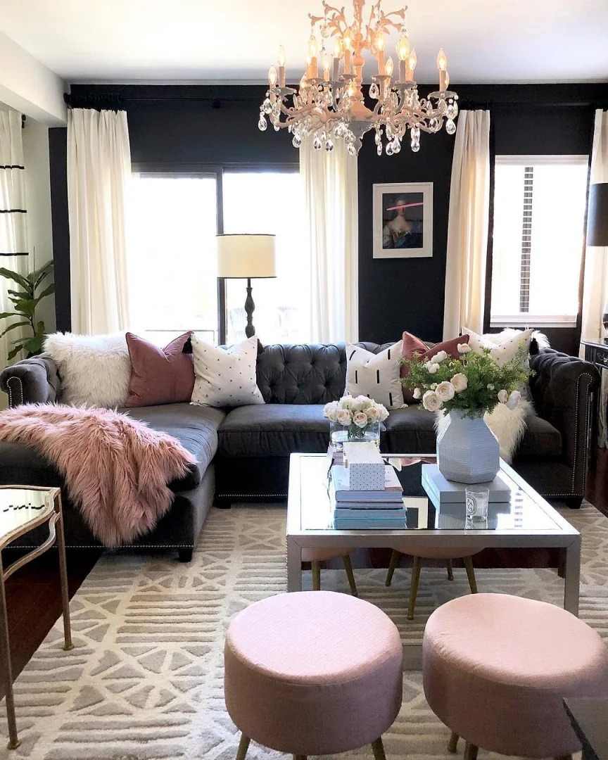 12. Glamour with Charcoal and Blush (Living Room Sofa Ideas)