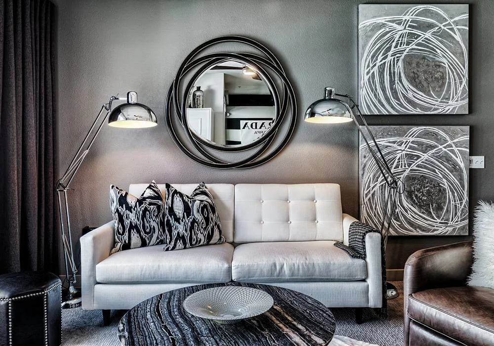 12. Graphic Glam with Metallic Accents (Grey, Black and White Living Room Ideas)