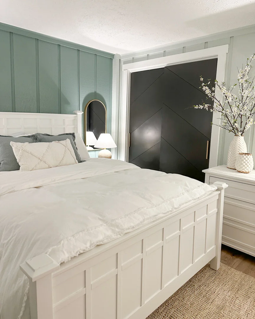 12. Soft Green Backdrop with Textured Neutrals (Basement Bedroom Ideas)