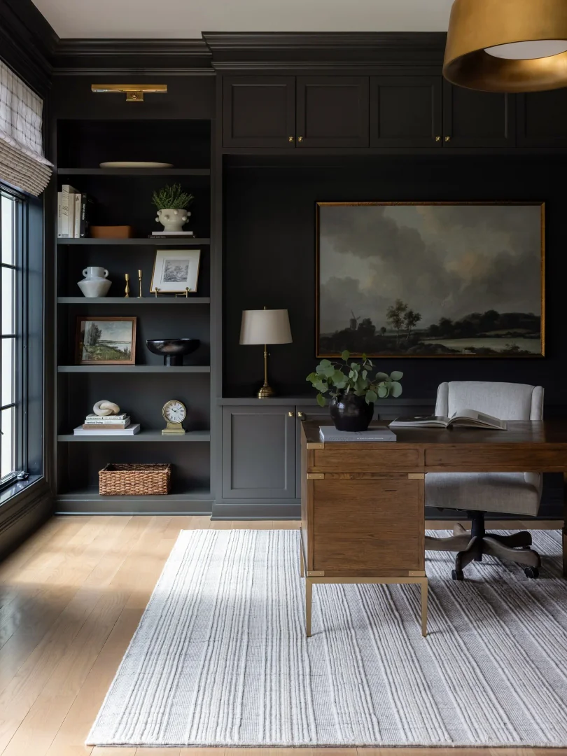 12. Sophisticated Office with Dark Cabinetry (Corporate Office Ideas)