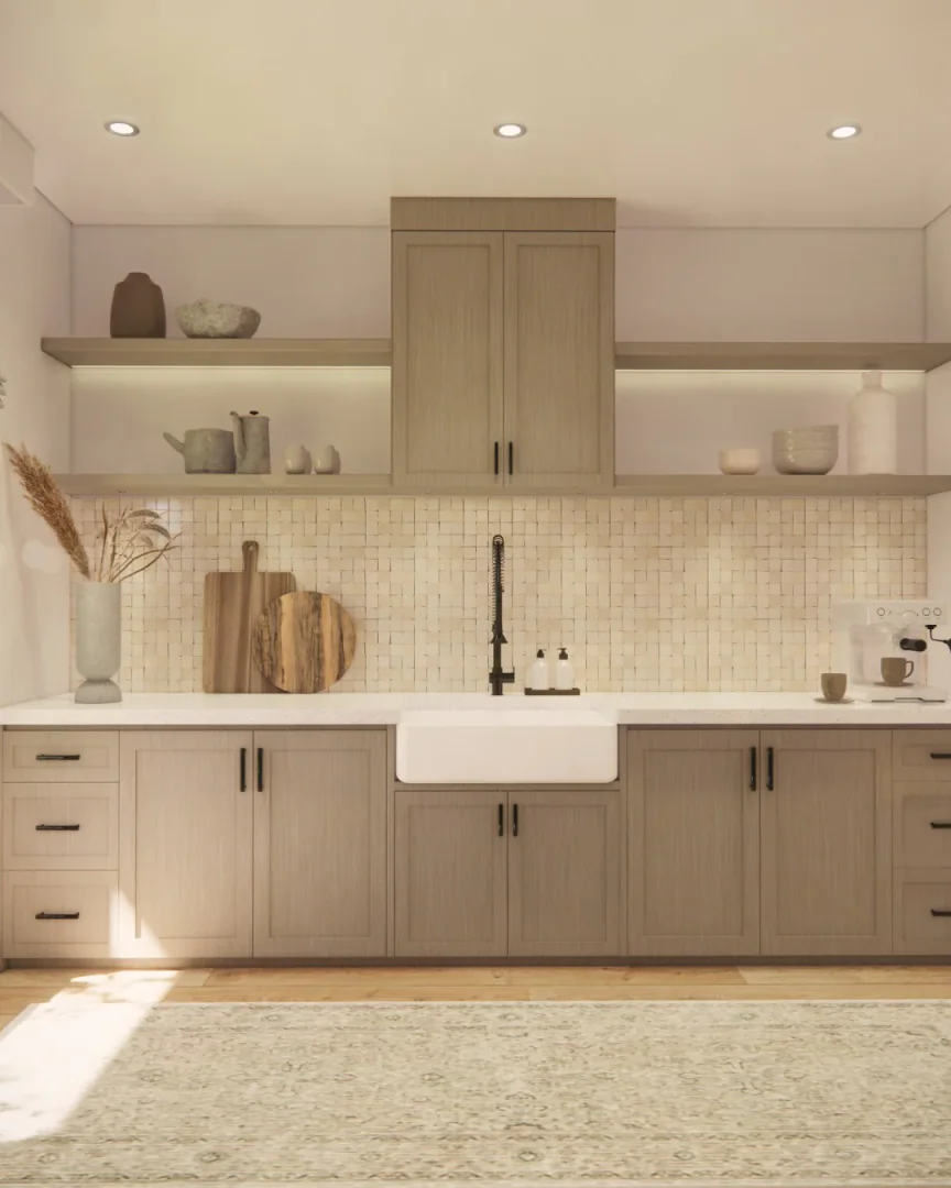 12. Textured Neutrals with Warm Wood (Kitchen Backsplash Ideas)