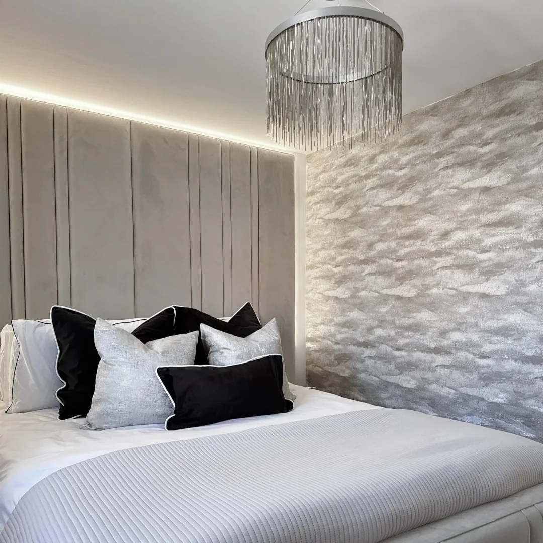 12. Velvet Wall Panels and Metallic Texture (Grey Wall Bedroom Ideas)