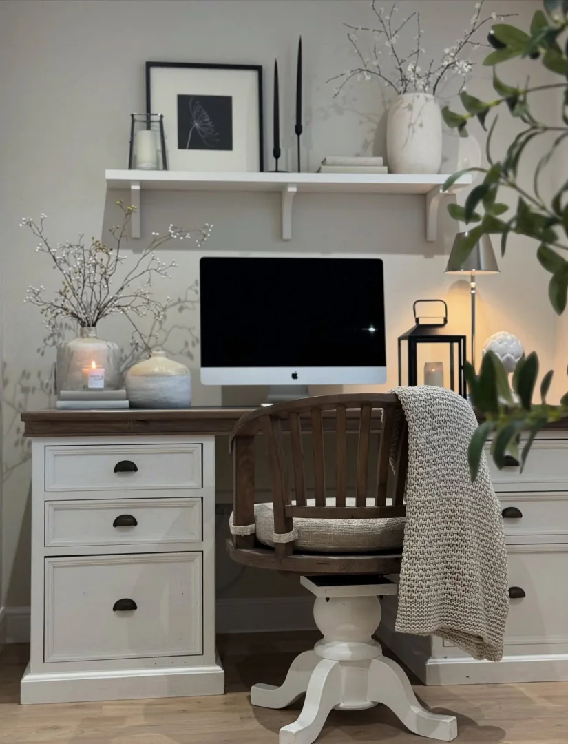 13. Neutral Charm with Rustic Details (Home Office Ideas for Her)