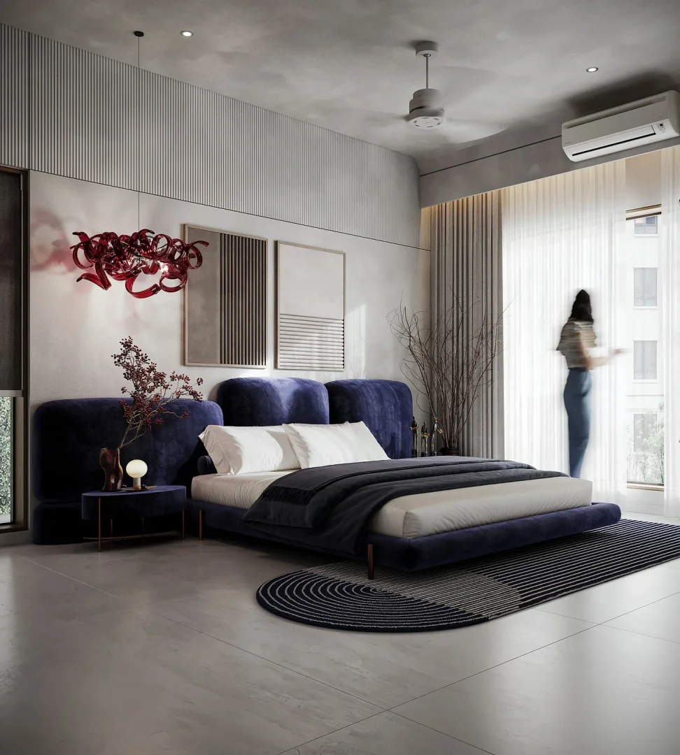 14. Monochrome Elegance with Sculptural Form (Gray Wall Bedroom Ideas)