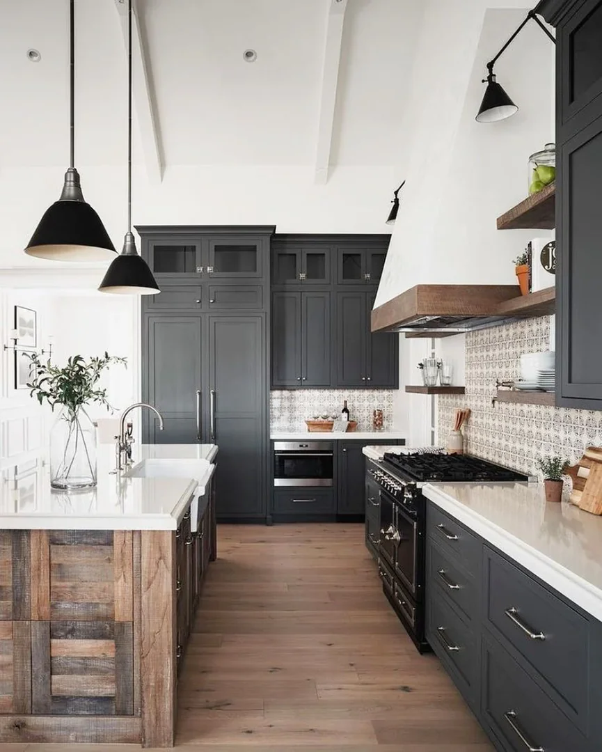 14. Moody Charcoal Elegance with Patterned Backsplash (Barndo Kitchen Ideas)