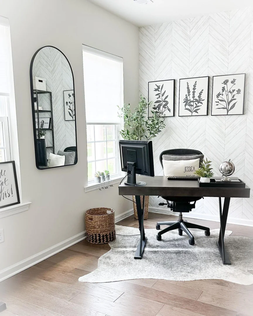 14. Refined Black and White Botanical Office (Farmhouse Office Ideas)