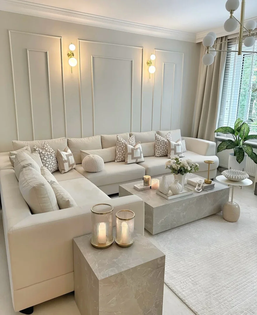 14. Sophisticated Minimalism in Cream and Stone (Open Concept Living Room Ideas)