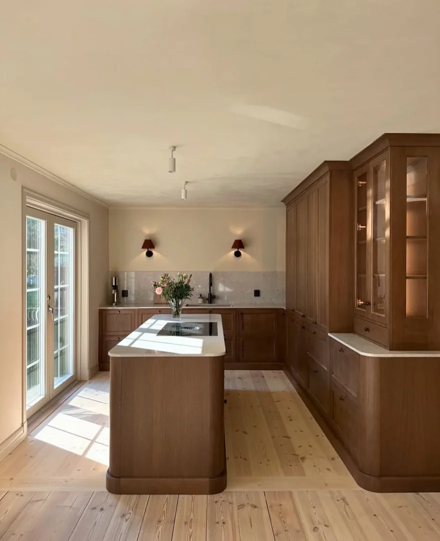2. Classic Wood Elegance with Soft Lighting (Wooden Kitchen Ideas)