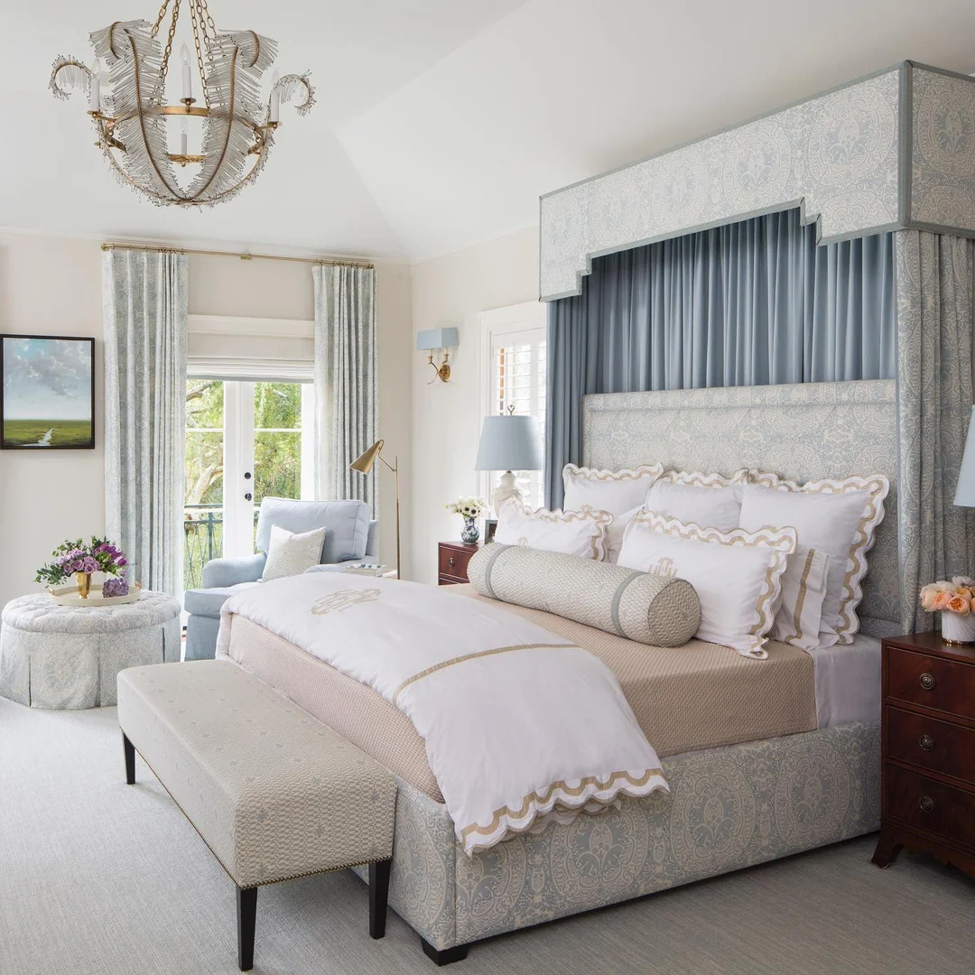2. Refined Drapery and Tailored Layers (Blue and White Bedroom Ideas)