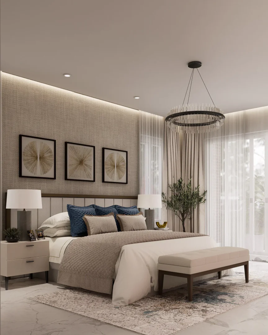 2. Textured Elegance with Blue Accents (Mid Century Bedroom Ideas)