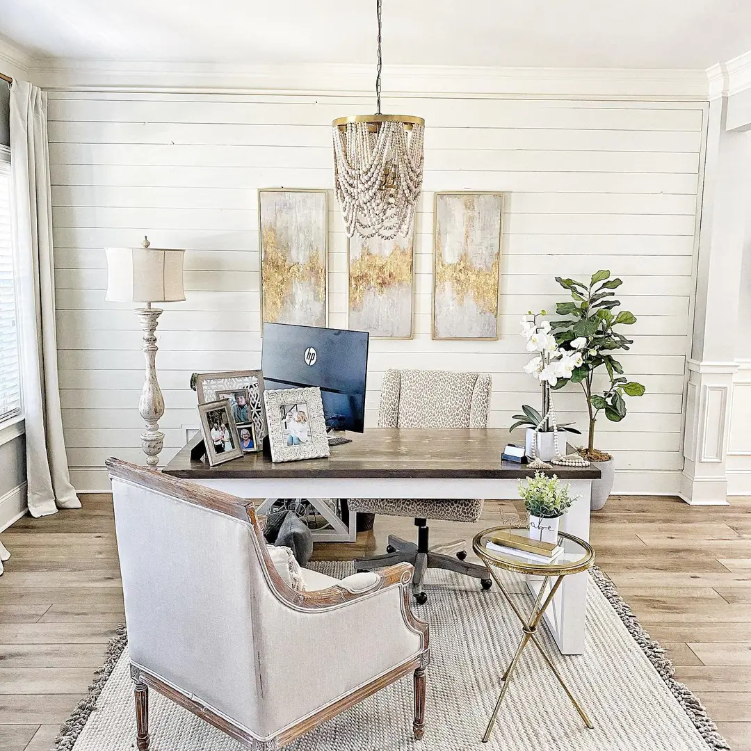 3. Elegant Neutrals and Soft Golds (Farmhouse Office Ideas)