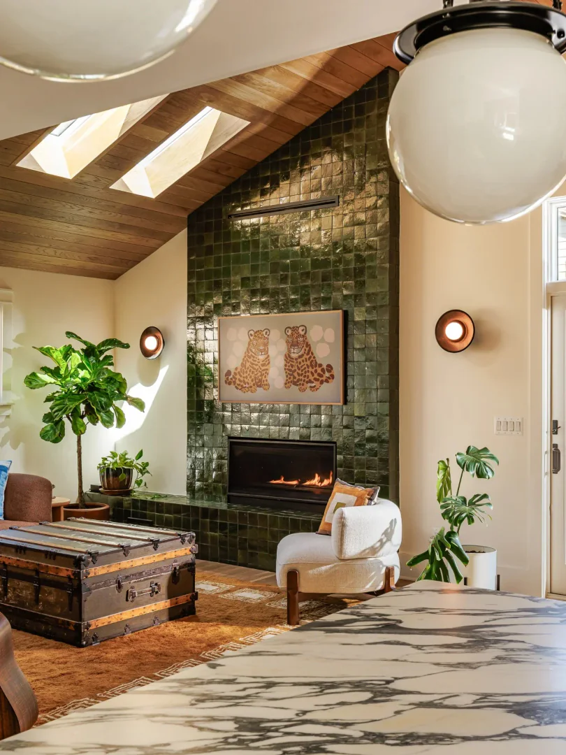 3. Glossy Green Tile Fireplace Feature (Fireplace Living Room Ideas)