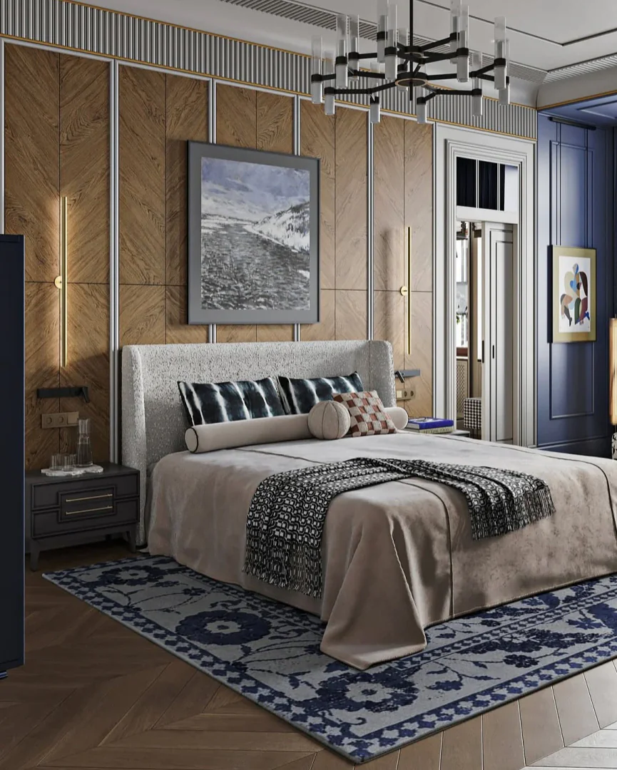 3. Modern Luxe with Wood and Blue Layers (Gray and Blue Bedroom Ideas)