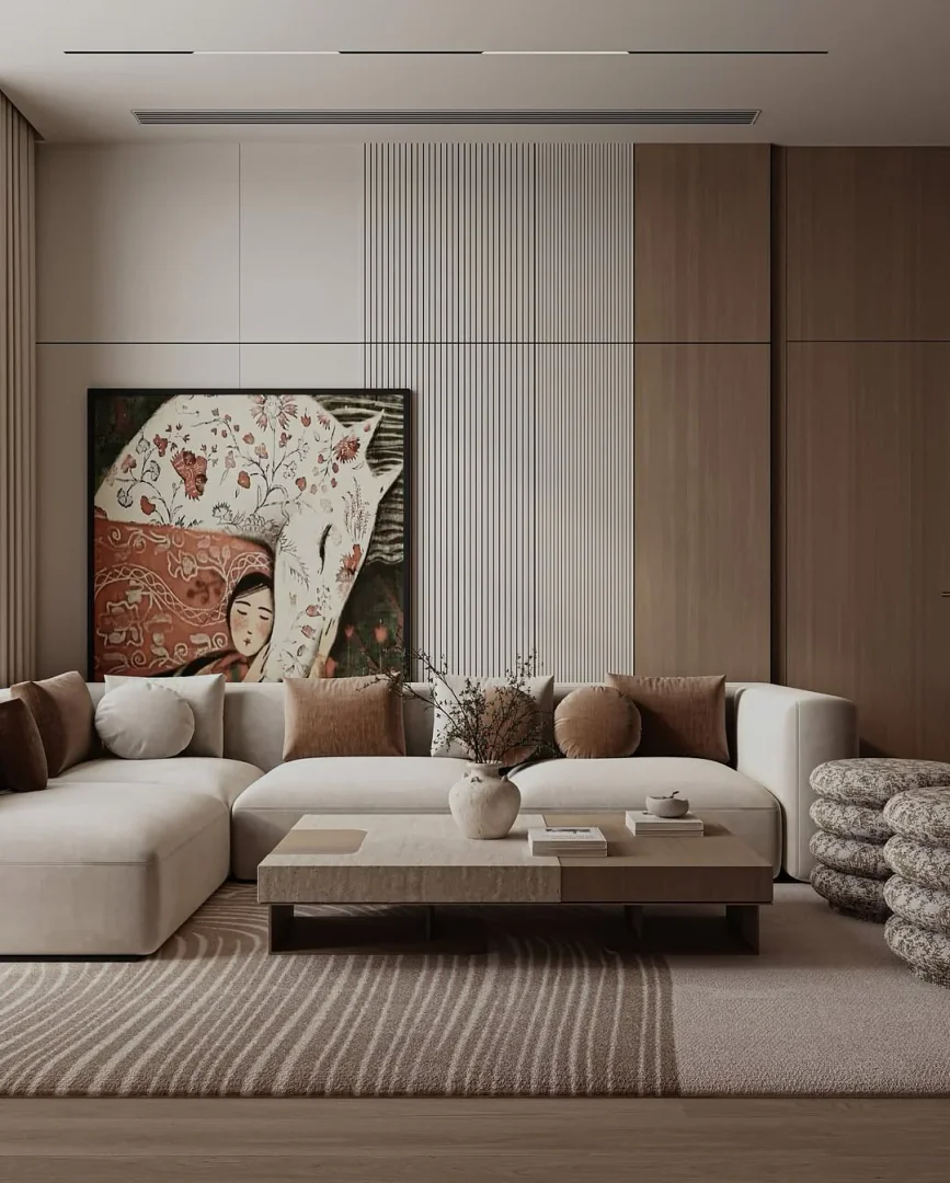 3. Warm Minimalism with Earthy Layers (Large Living Room Wall Ideas)
