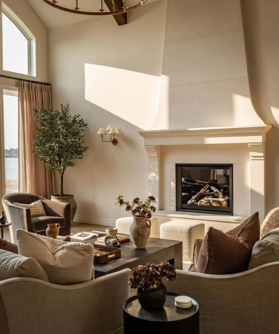 3. Warm Textures Around the Hearth (Living Room Sofa Ideas)