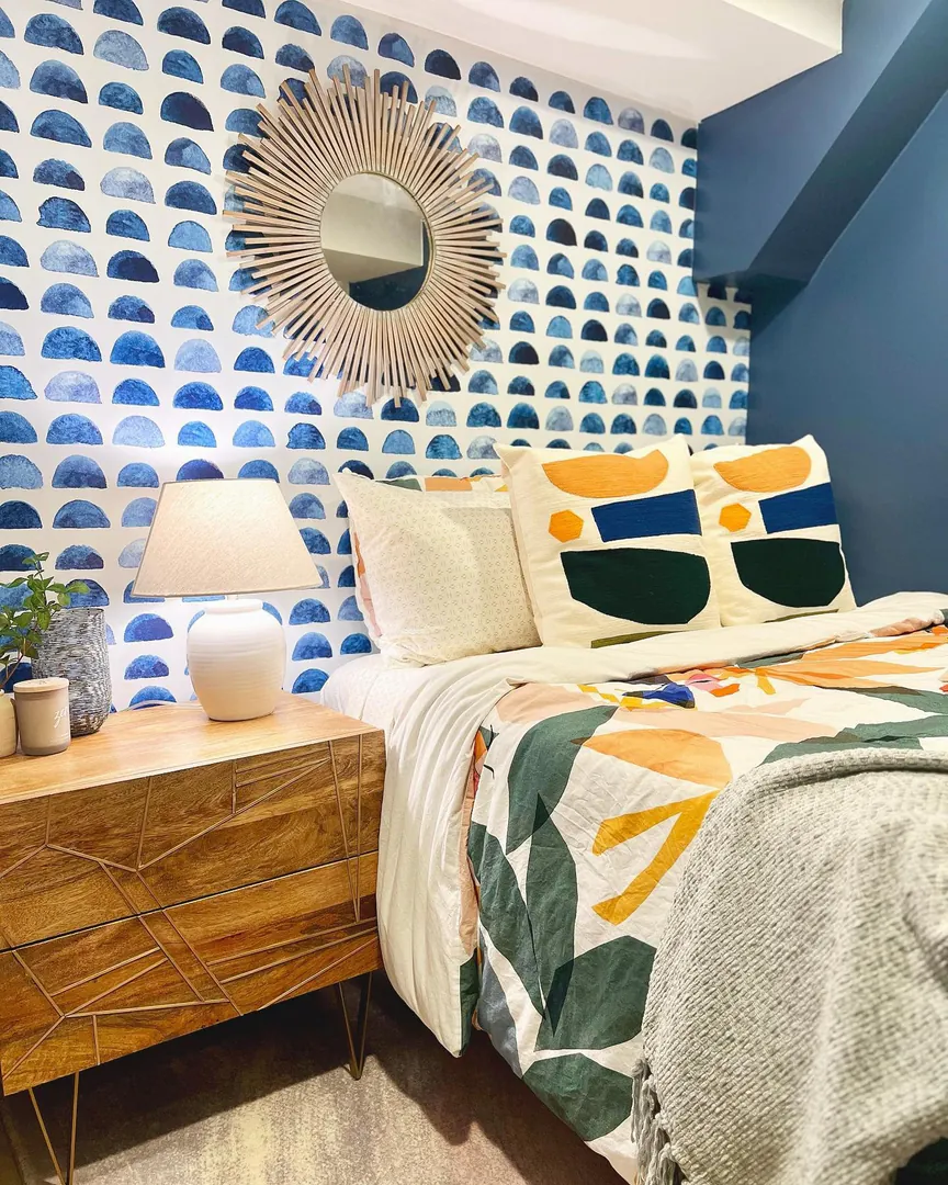 4. Bold Play with Mid-Century Patterns (Basement Bedroom Ideas)