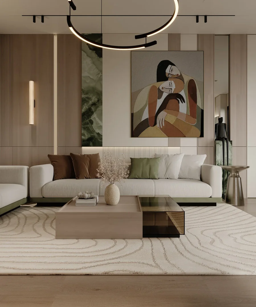4. Contemporary Balance with Soft Geometry (Large Living Room Wall Ideas)