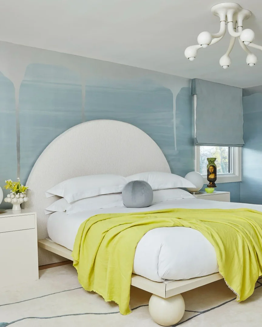 4. Contemporary Minimalism with a Pop of Citrus (Gray and Blue Bedroom Ideas)
