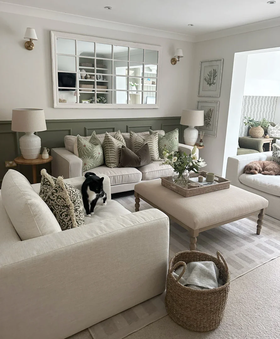 4. Layered Neutrals with Botanical Accents (Light Living Room Ideas)