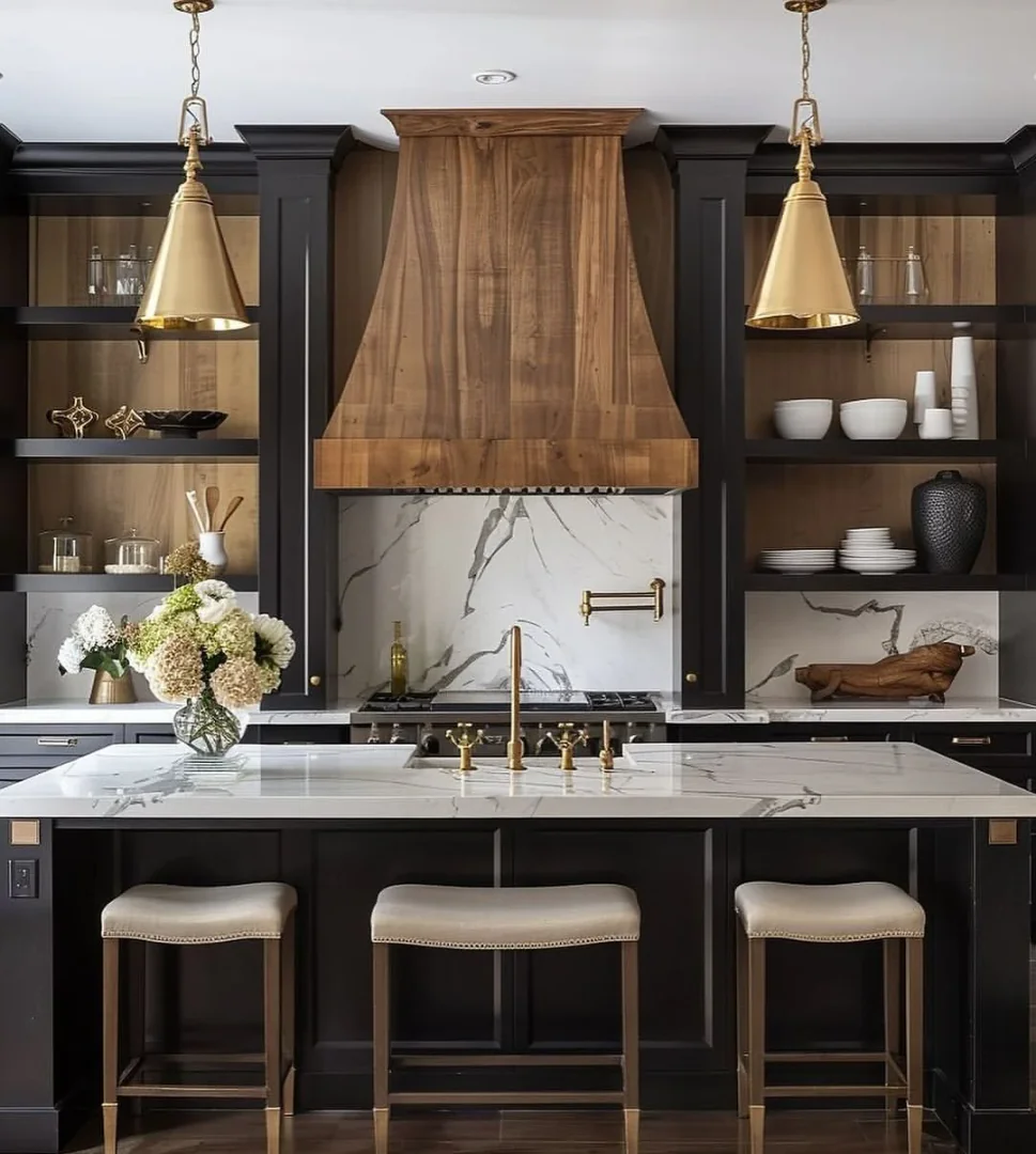 4. Luxury Layers with Brass and Walnut (Moody Kitchen Ideas)