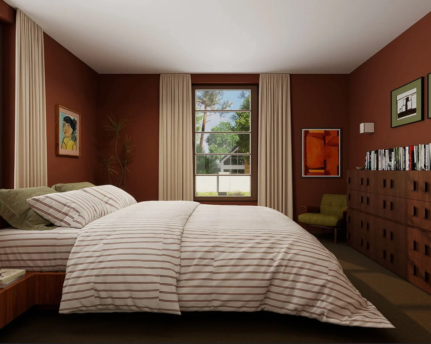 4. Retro Earth Tones in a Graphic Setting (Mid Century Bedroom Ideas)