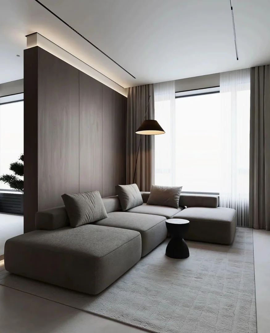 4. Ultra-Minimal with Dimensional Warmth (Dark Brown Living Room Ideas)