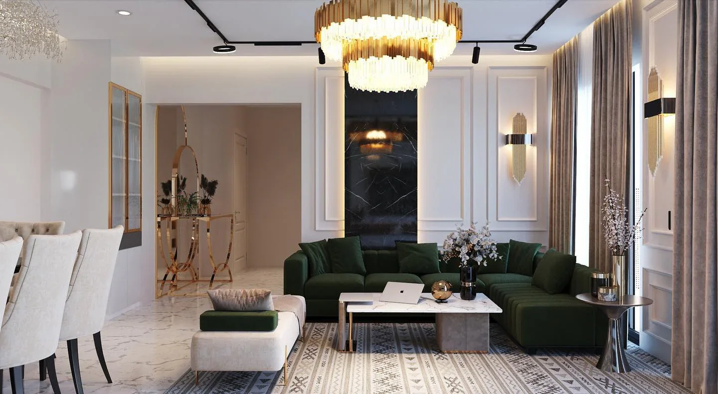 5. Emerald Sophistication with Gold Details (Classy Living Room Ideas)