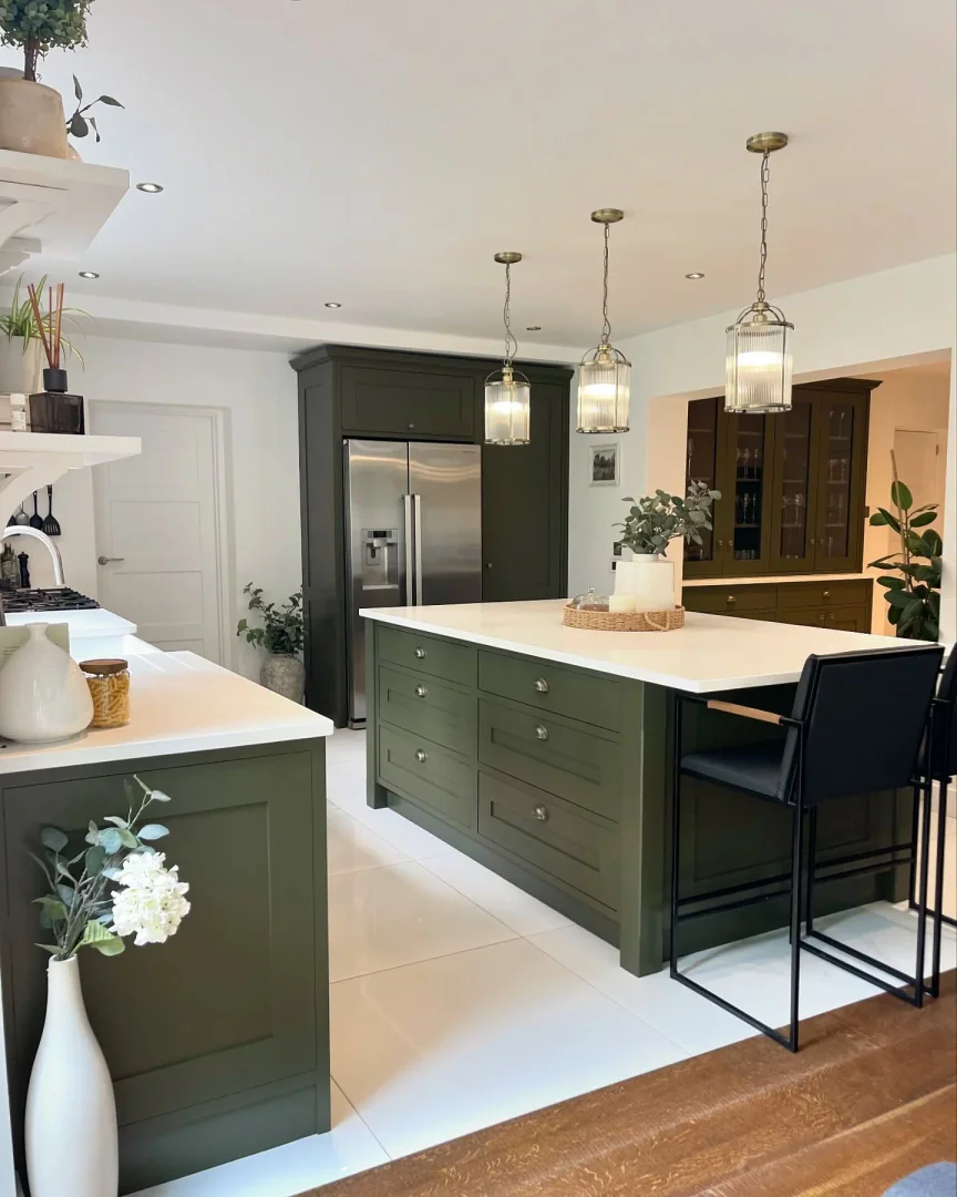 5. Olive Green Simplicity with Modern Warmth (Moody Kitchen Ideas)