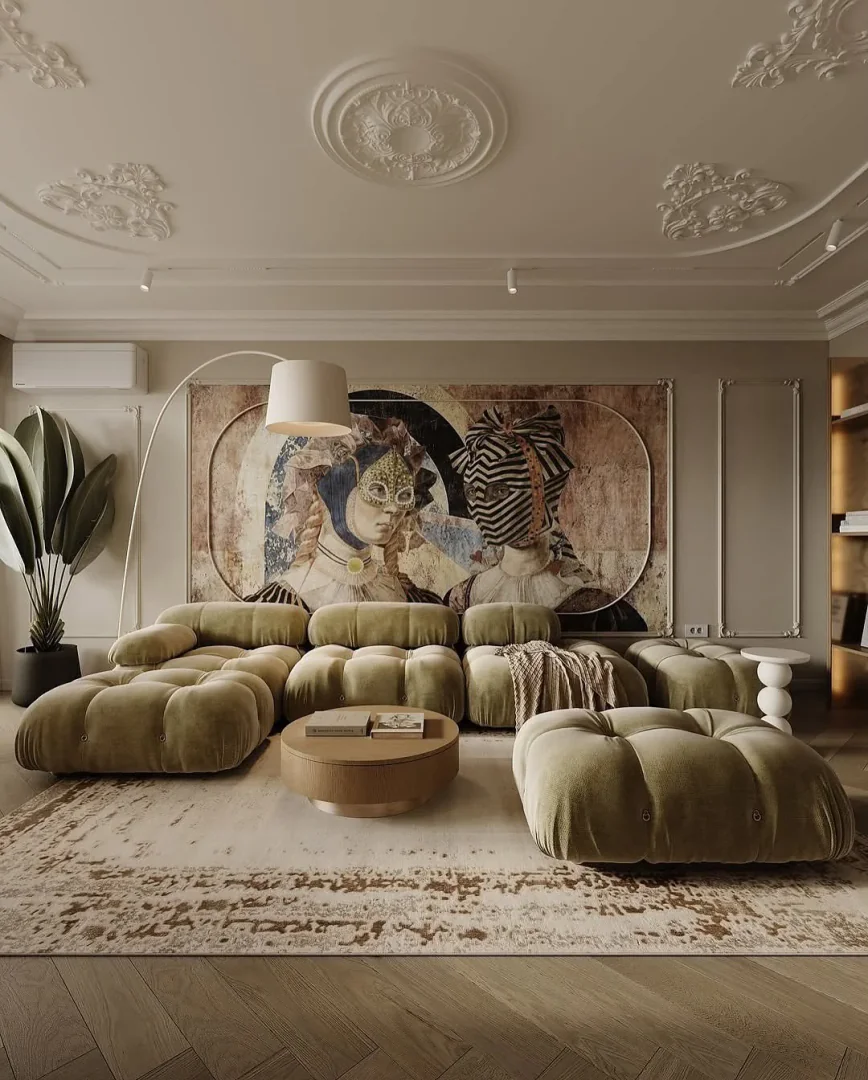 6. Artful Drama with Statement Seating (Large Living Room Wall Ideas)