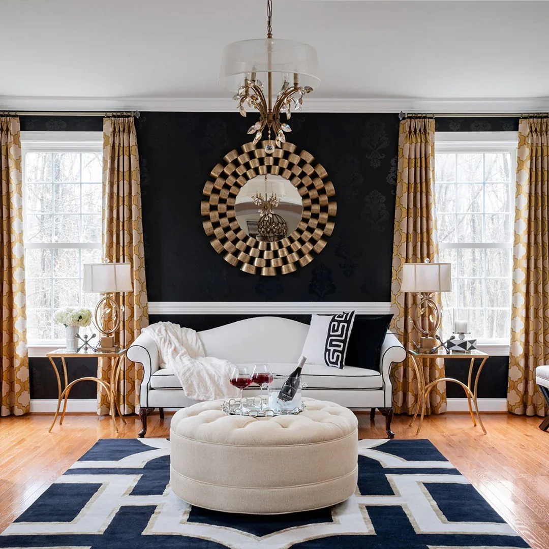 6. Bold Glamour in Monochrome and Gold (Elegant Living Room Ideas)