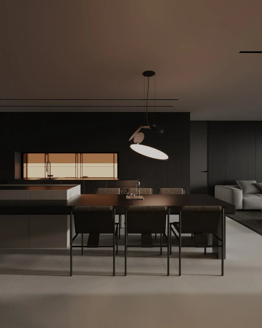 6. Dark Minimalism with Sculptural Light (Moody Kitchen Ideas)