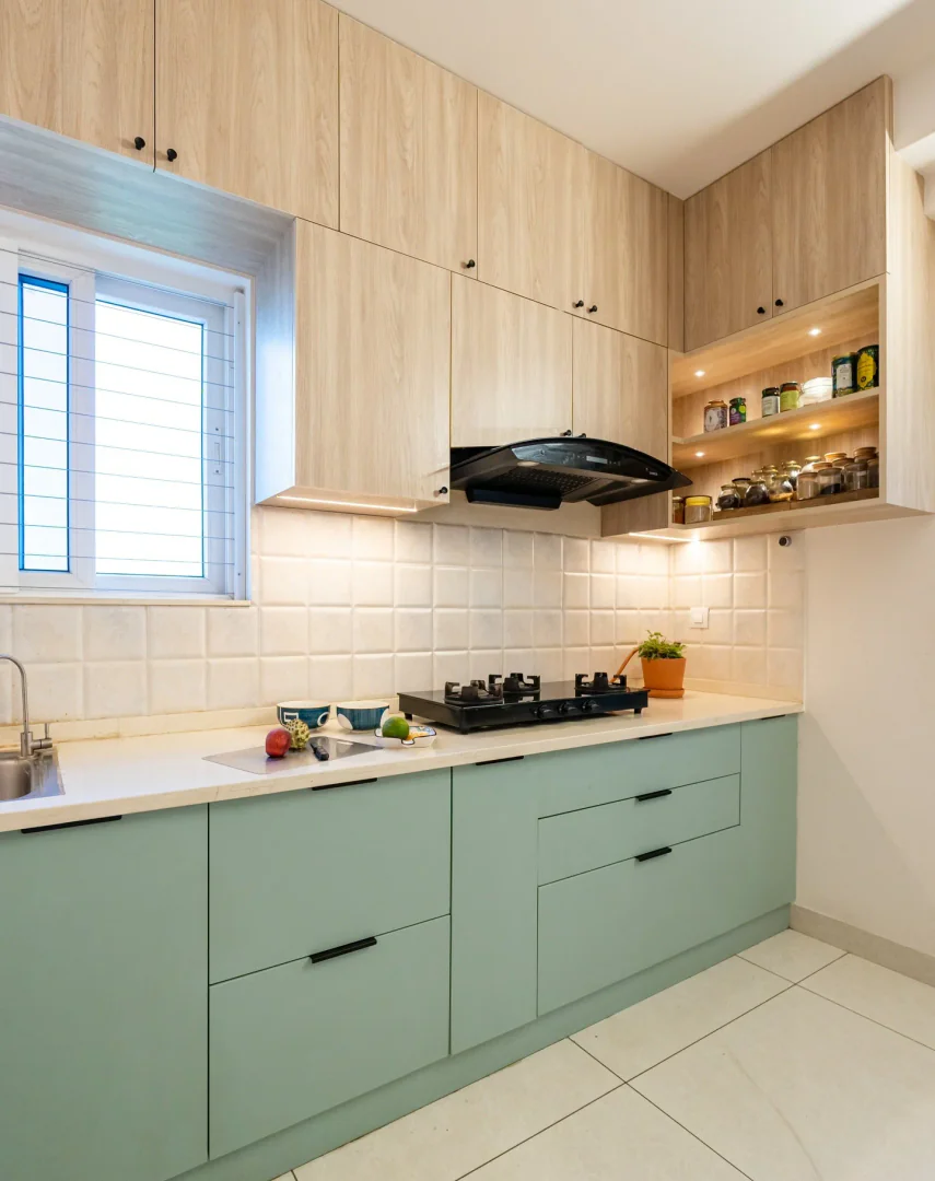 6. Mint & Blonde Oak: Light and Airy Urban Minimalism (Two Tone Kitchen Ideas)