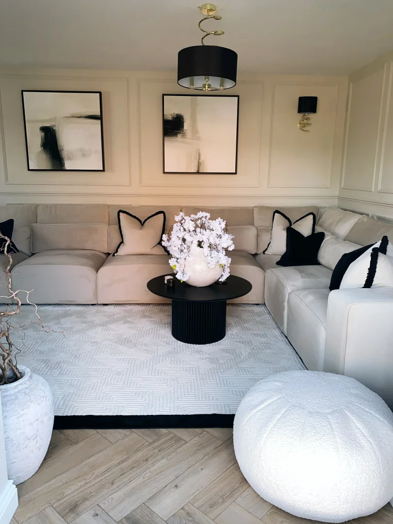 6. Monochrome Chic with Subtle Drama (Light Living Room Ideas)