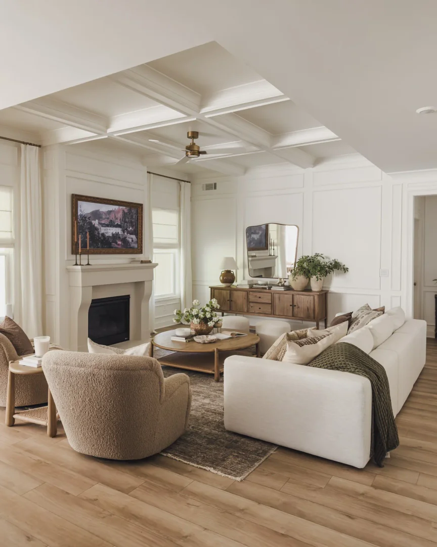 6. Refined Warmth with Earthy Tones (Basement Living Room Ideas)